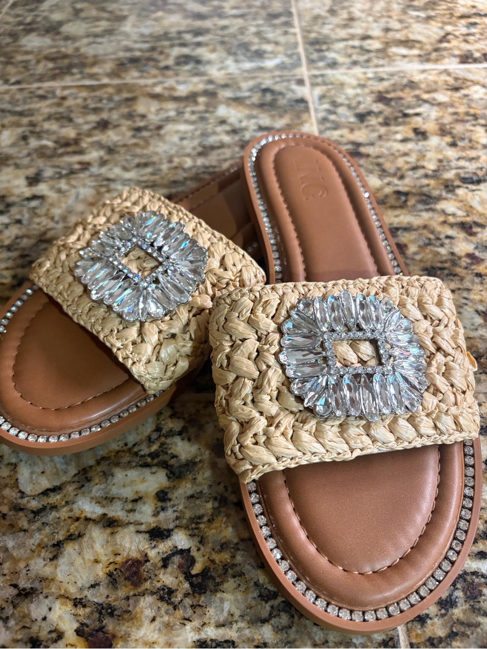 INC International Concepts Tan Woven Raffia Slide Sandals with Crystal Buckle